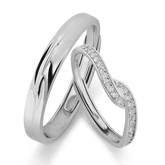 Meissa Sterling Silver His and Hers Couple Ring Set – Sleek Polished Bands with Curved CZ Pavé Detail, Comfort Fit Wedding Promise Jewelry