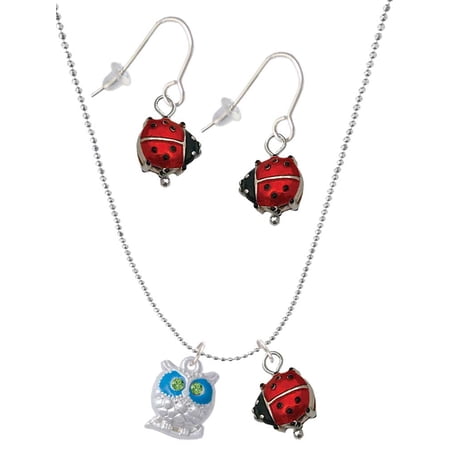 Delight Jewelry Silvertone Owl with Hot Blue & Lime Green Crystal Eyes Red Lucky Ladybug Necklace and Dangle Earrings Set