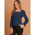 thumbnail image 4 of Blusa elegante con cuello cuadrado para mujer, puño con volantes, mangas largas, botones, decoración, Tops Azul marino L, 4 of 6