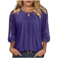 thumbnail image 2 of Yrmaups Loose Fit 3/4 Sleeve Blouse for Women, Casual Lace Tie Front Top, Soft Stretch Tee for Party Office Travel Everyday Wear, Purple S, 2 of 6