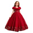 thumbnail image 4 of VNKIDY Girls Kids Off The Shoulder Feather Trim Long Ball Gown Dress With 3D Floral Applique Tulle Skirt For Birthday Party Wedding Flower Girl Soft Dress, 4 of 9