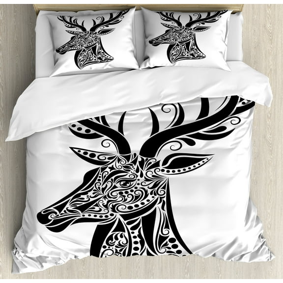Antlers Duvet Cover Set, Tattoo Pattern in the Shape of a Deer Creative Portrait in Black and White Colors, Decorative 3 Piece Bedding Set with 2 Pillow Shams, Calking Size, Black White, by Ambesonne