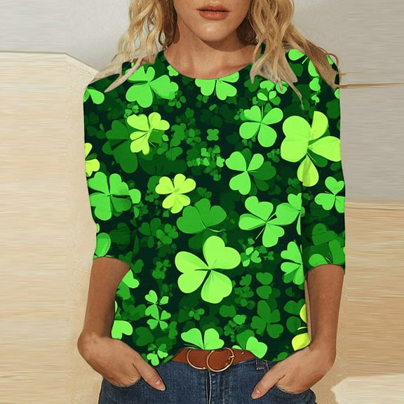 St Patrick's Day T-Shirt for Women, Women 3/4 Sleeve Tee, Crew Neck Blouse Fashion Women's Tees Casual Round Neck 3/4 Sleeved Loose T Shirt Ladies Tops Blouses Shirts