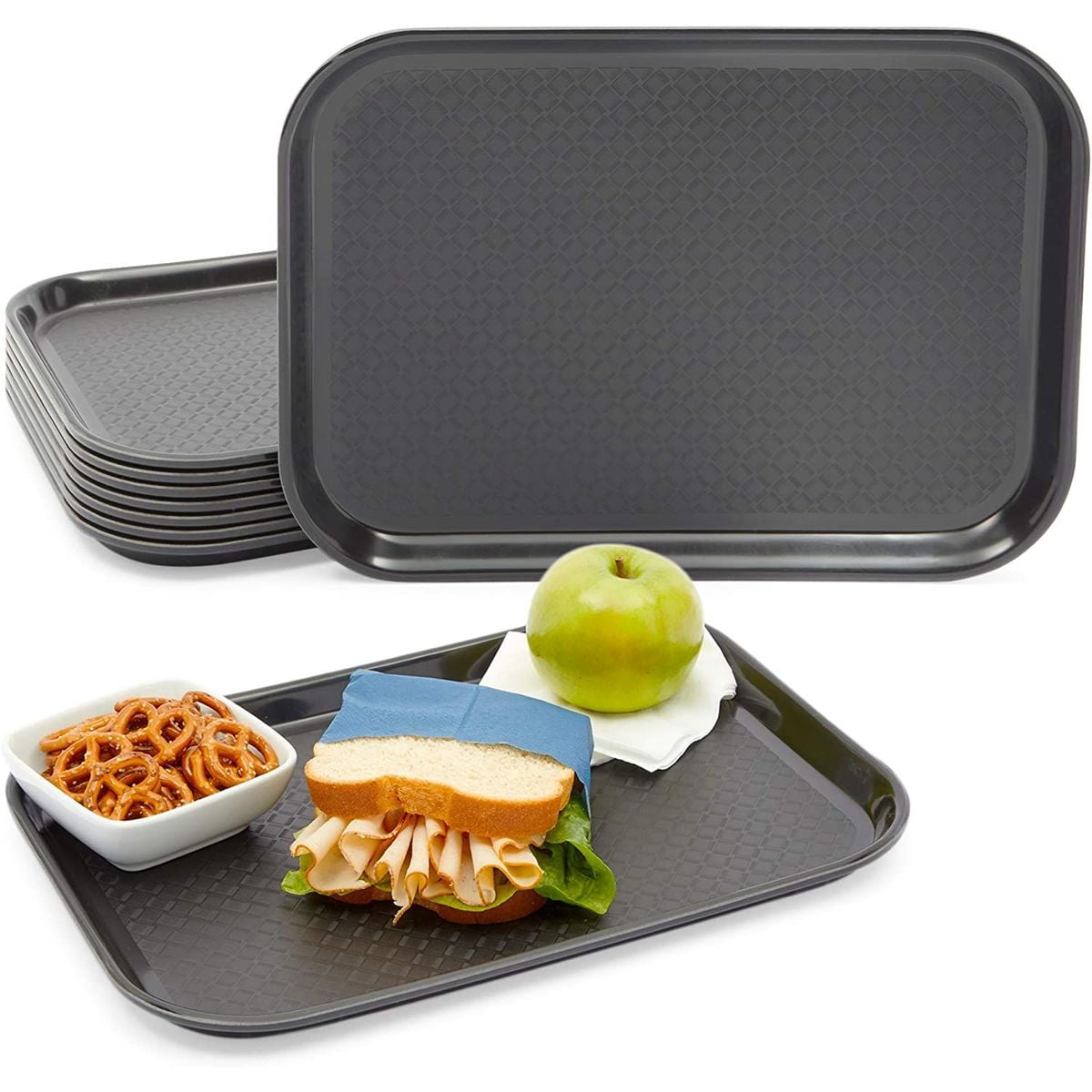 8 Pack Plastic Cafeteria Tray for Restaurant Food Serving, Black, 13.9