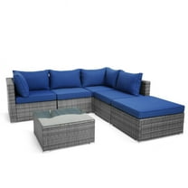 Spaco 6 Pieces Outdoor Rattan Sofa Set with Seat and Back Cushions-Navy, Wicker Furniture Conversation Sets, Coffee Table for Garden, Poolside, Backyard