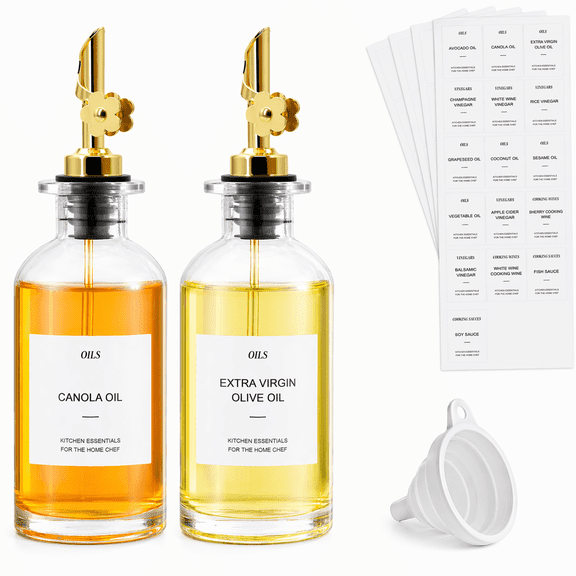 12oz Olive Oil Dispenser Bottle Set of 2, Glass Oil Dispenser Bottles for Kitchen, Cooking Oil and Vinegar Cruet Set with Stainless Steel Pourers