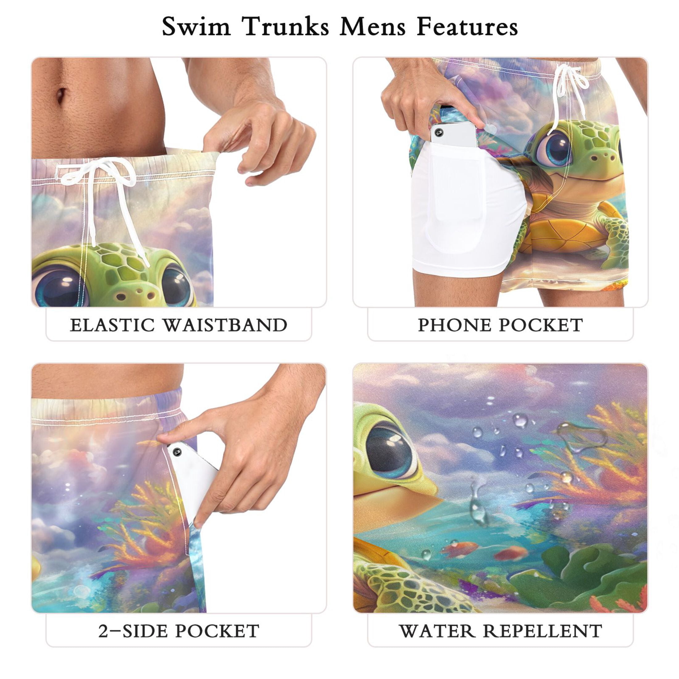 joogoo Men's Sea Turtles Sunshine Swim Trunks with Liner Pocket Beach Shorts Large