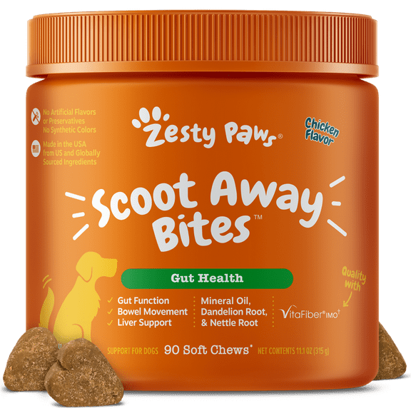 Zesty Paws Scoot Away Bites for Dogs, Digestive Support Functional Dog Supplement, Chicken Flavor, 90 Count Soft Chews