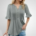 thumbnail image 2 of Ediodpoh A Fashionable Casual Loose V Neck Button Down Pleated Five Quarter Sleeve Solid Color T Shirt for Ladies Tshirts for Women Grey XXL, 2 of 6