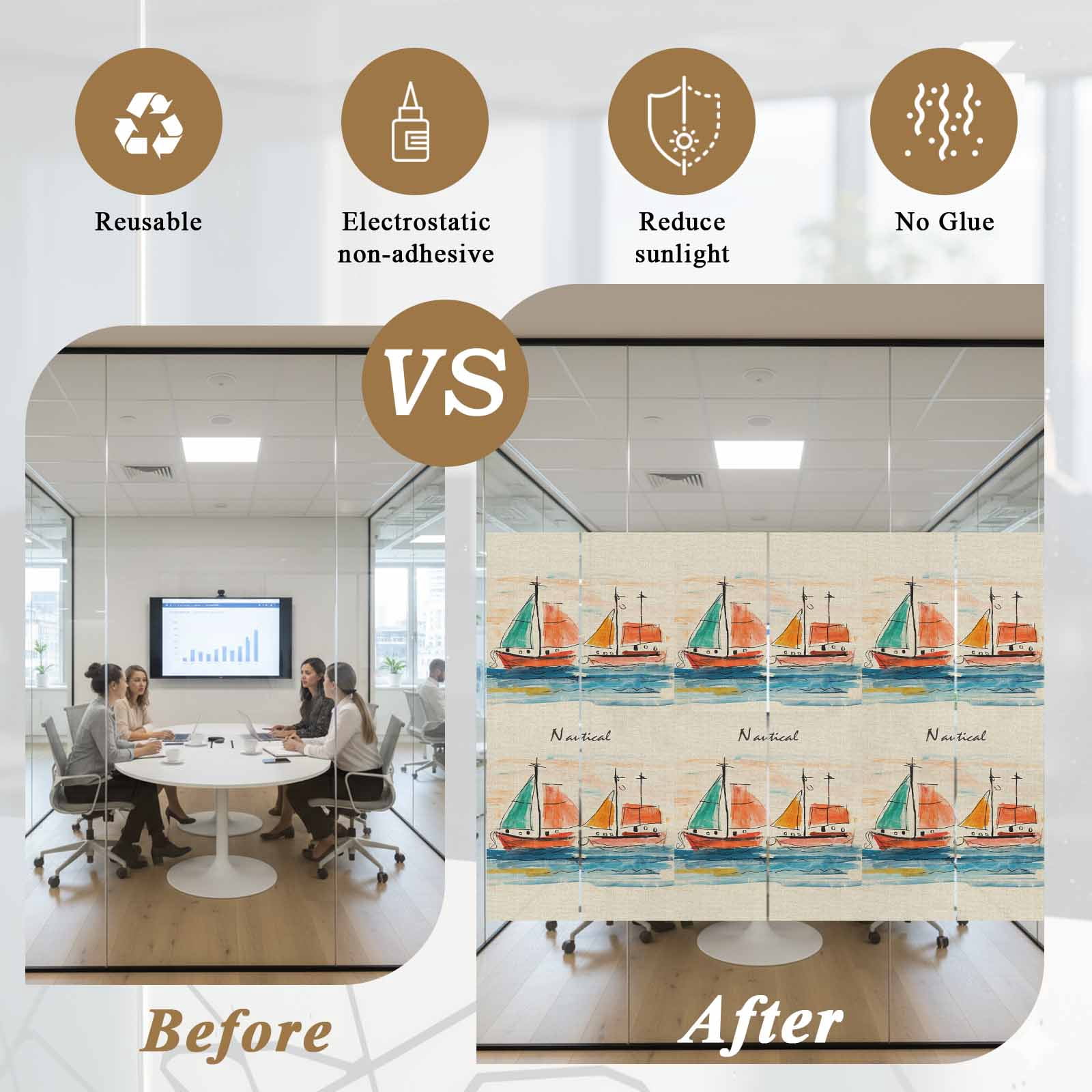 Nautical Boat, Window Privacy Film, Coastal Sailing Ship Ocean Painted Sea Static Cling UV Sun Blocking Heat Control Window Tint, Non-Adhesive One Way Windows Privacy Cover 35.4''x78.7''