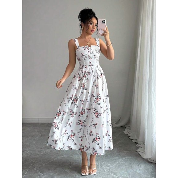 White Floral Print Waist-Gathering Pleated A-Line Maxi Dress For Women