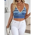 thumbnail image 5 of Knitted Camisoles for Women Summer Halter V Neck Striped Casual Sleeveless Beach Vacation Crop Tank Tops Blue S, 5 of 7