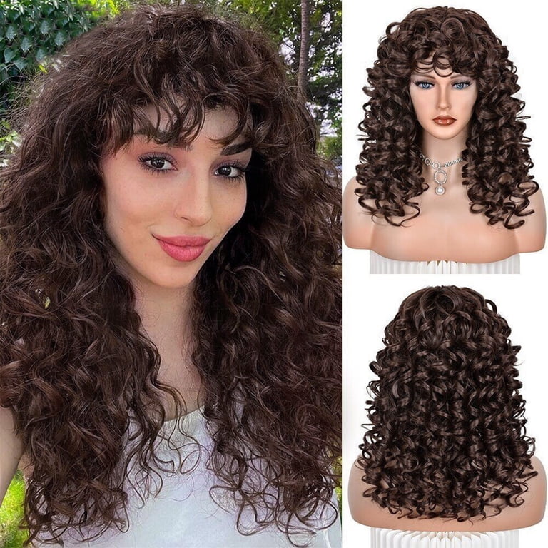 Dengmore Long Curly Wig with Bangs Deep Wavy Hair Wig for  display picture 1