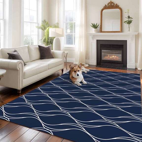 Abstract Waves Large Area Rugs 8x10 ft Modern Abstract Geometric Navy Blue Water Ripples Washable Rug Non Slip Indoor Carpet Absorbent Floor Mat for Living Room Bedroom Dining Room