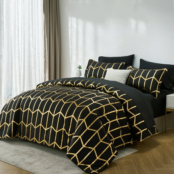 Flymme Black Gold Comforter Set Queen Size 7 Pieces Bed in a Bag Hexagon Comforter Set with Sheets Luxury Geometric Bedding Sets for Adults Teens