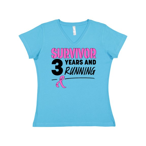 Inktastic Breast Cancer Survivor 3 Years and Running with Pink Ribbon Women's V-Neck T-Shirt