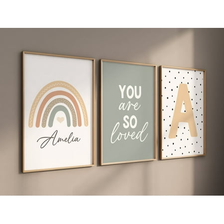UNFFRAMED Luvia Set of 3 Rainbow Poster Wall Art, Earth Tone Sage “You Are So Loved” Name Prints for Neutral Baby Room Decor Set 3 Prints 8x12