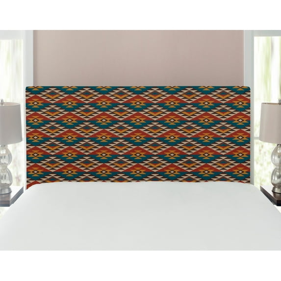 Geometric Headboard, Knitted Seem Jacquard View Pattern Geometric Image, Upholstered Decorative Metal Bed Headboard with Memory Foam, Full Size, Petrol Blue Cinnamon, by Ambesonne