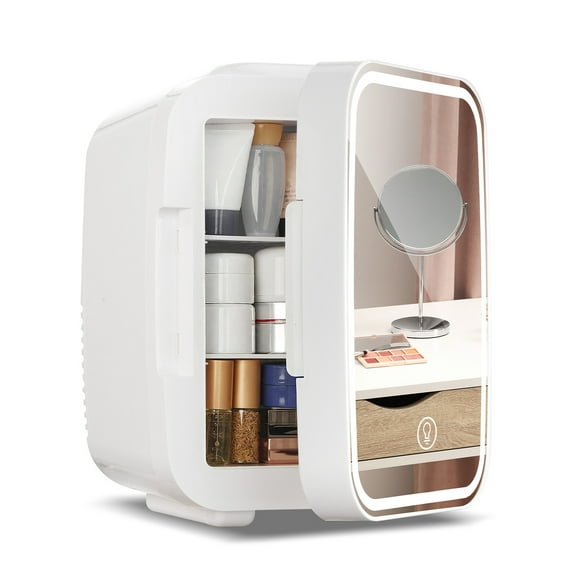 5 L Mini Fridge for Dorm, Small Bedroom Refrigerator Led Mirror Door with 3-Mode, Cooler & Warmer, White
