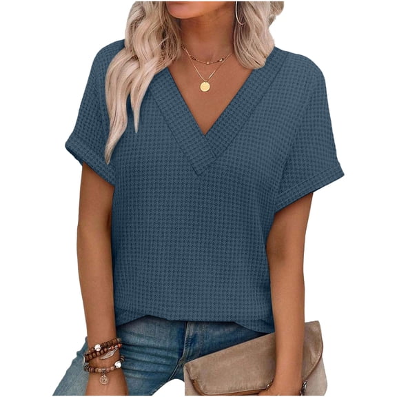 RQYYD Womens Short Sleeve Sweater Waffle Knit Tops V Neck Spring Summer T Shirts Casual Blouses Outfits
