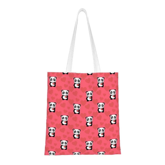 DouZhe Reusable Grocery Bags, Pink Hearts Love Cute Panda Lightweight Polyester Canvas Cloth Tote Bag for Travle Gym Shopping School, 15" x 16"