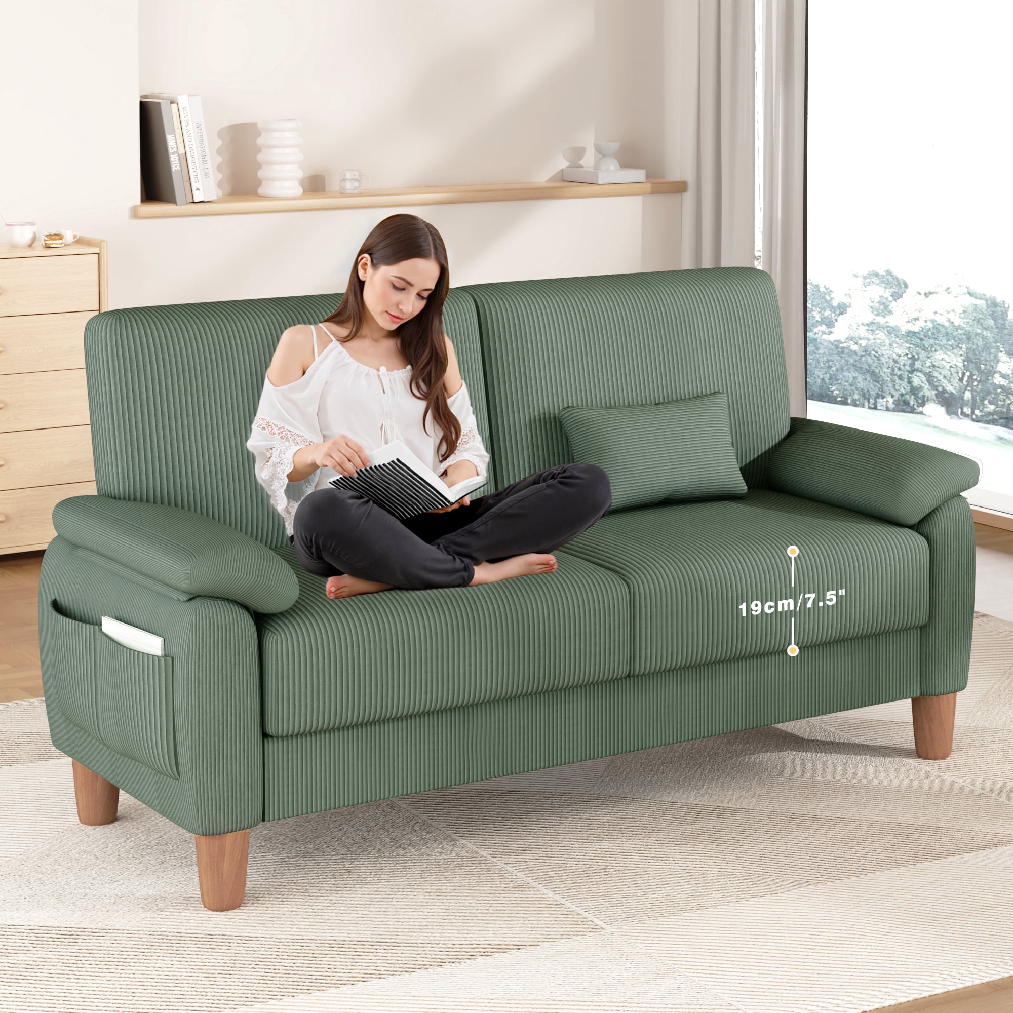 71” Corduroy Sofa for Living Room, AAQZ Small Comfy Couch for Small Space, One Box, Loveseat,Green