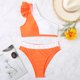 thumbnail image 4 of Mujeres un hombro bikini color bloqueo estiramiento ajuste apretado cintura alta bikini conjunto para natación fiesta naranja y blanco M, 4 of 7