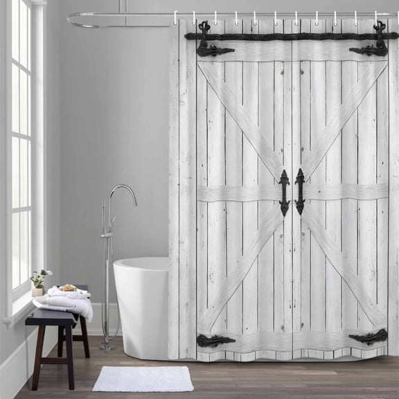 Rustic Barn Door Shower Curtain for Bathroom Decor, Vintage Farmhouse Door Beige Wood Board Waterproof Fabric Shower Curtain, 54"x78" Set with 12 Hooks
