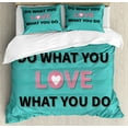thumbnail image 1 of Love What You Do Duvet Cover Set King Size, Starburst Lines with Love Lettering on Stripes Background, Decorative 3 Piece Bedding Set with 2 Pillow Shams, Teal Pink and Charcoal Grey, by Ambesonne, 1 of 3