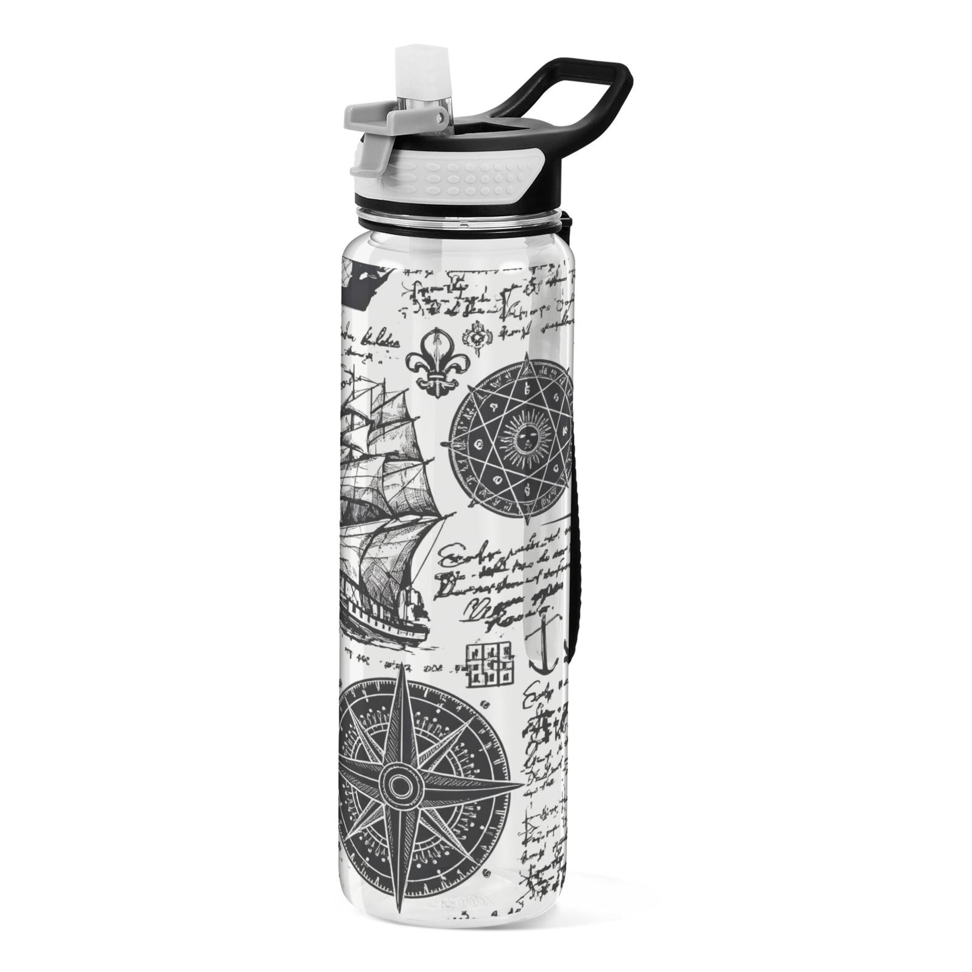 1000ml Clear Water Bottles with Handle and Locking Lid Quality Tritan Sport Bottle Straw for Gym Travel Black White Nautical Sketch Printed