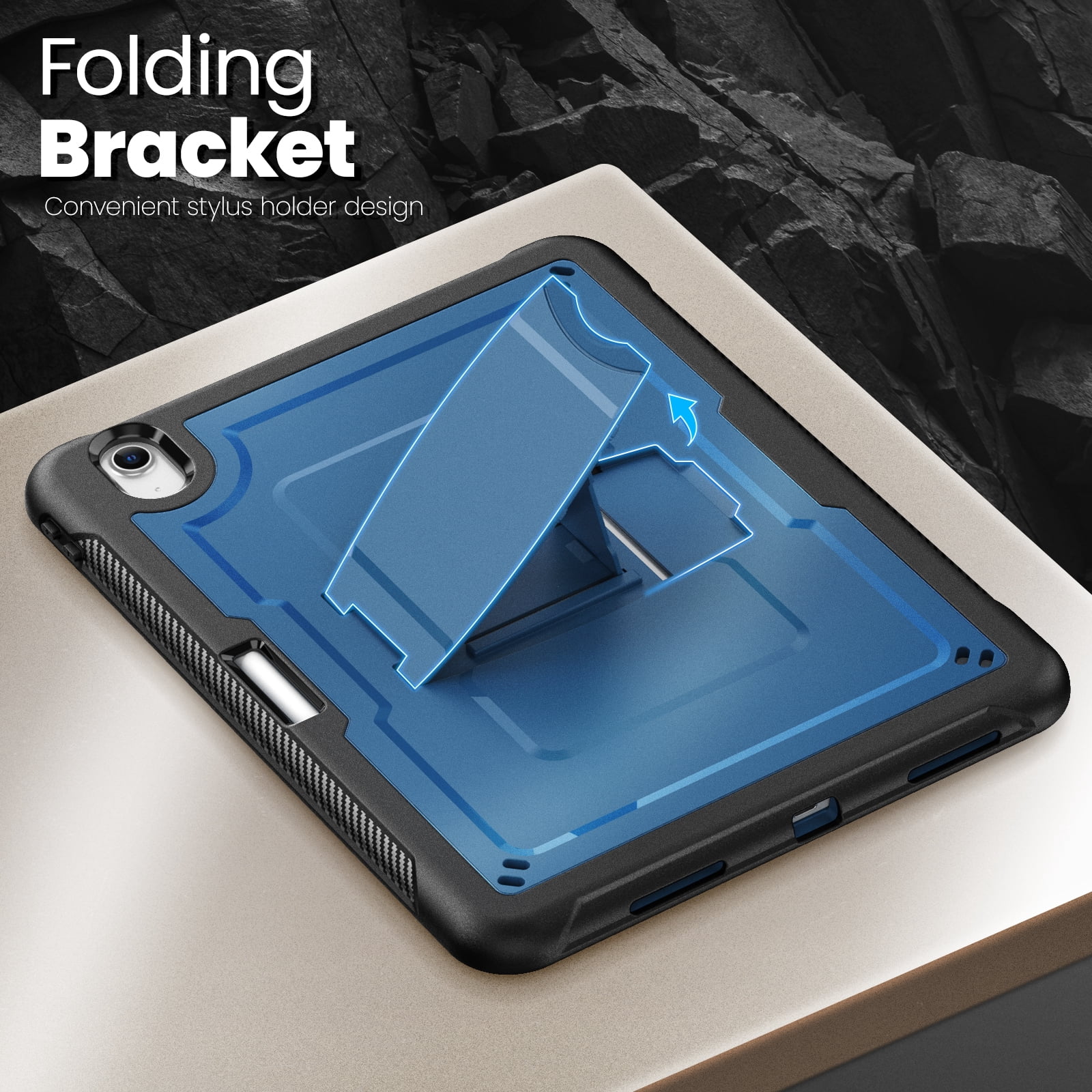 ELEHOLD Rugged Case with Pencil Holder For iPad Air 11-inch M3 (2025) / M2 (2024), Built-in Kickstand Double-Layer Protection Full-Body Shockproof Cover For Apple iPad Air 11 (2025/2024),Navyblue