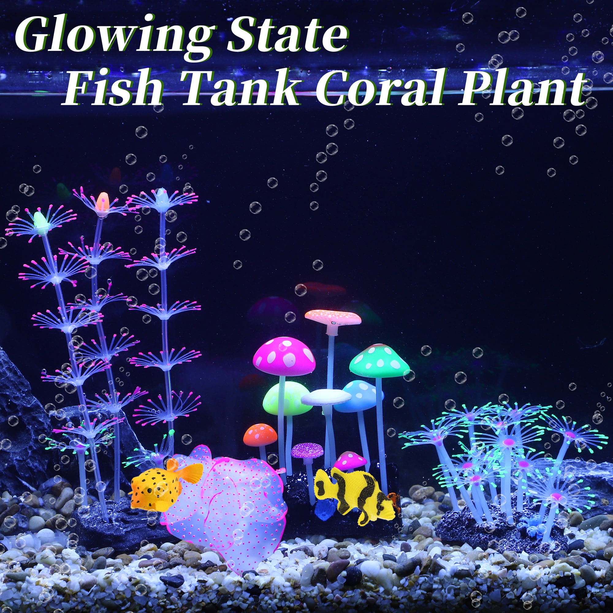 Silicone Glowing Aquarium Decorations Fluorescence Coral Glowing Sucker Coral for Aquar Pink Green 1 Set