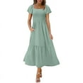 thumbnail image 2 of Women Summer Casual Square Neck Flutter Sleeve Boho Smocked A-Line Flowy Tiered Modest Midi Sun Dress with Pockets green XL, 2 of 8