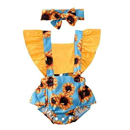 

Styles I Love Baby Girl Sunflower Print Ruffle Open Back Romper Sunsuit with Headband 2pcs Set Summer Outfit