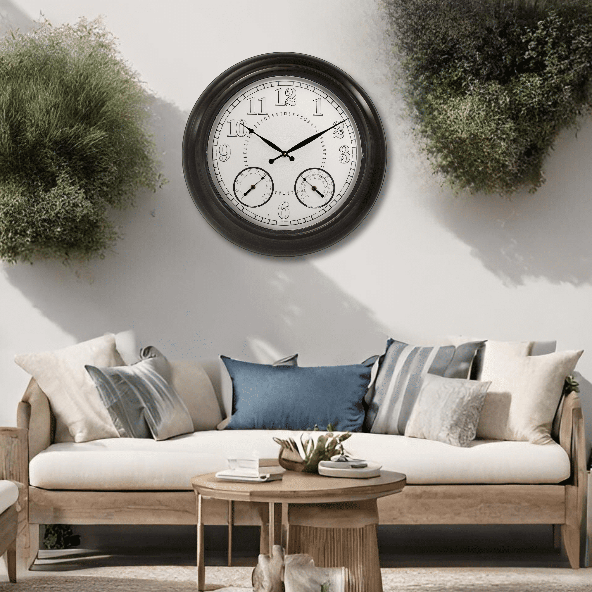 24 inch Illuminated Outdoor Clock for Patio, Waterproof with Thermometer - Large Night Light Wall Clock with Smart LED Sensor, Temperature and Humidity - Weatherproof & Easy to Read for Patio & Home