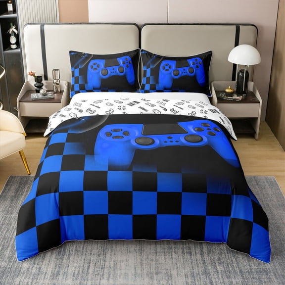 Gaming Comforter Cover Teen Game Room Decor Duvet Cover Gamepad Bedding Set Microfiber Soft Gamer Bedroom Decor Bed Cover with Black Blue Buffalo Check Plaid Twin 2pcs (No Comforter)