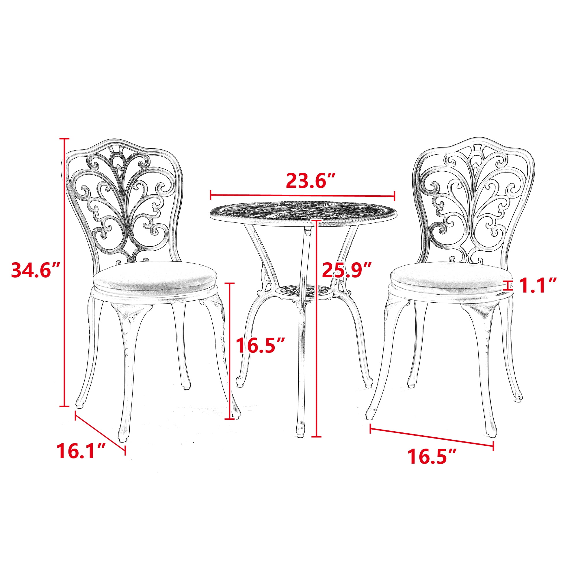 Cast Aluminum Outdoor Bistro Set of 3, 2 Chairs and 1 Table Rust-Resistant Patio Furniture for Garden and Balcony, White