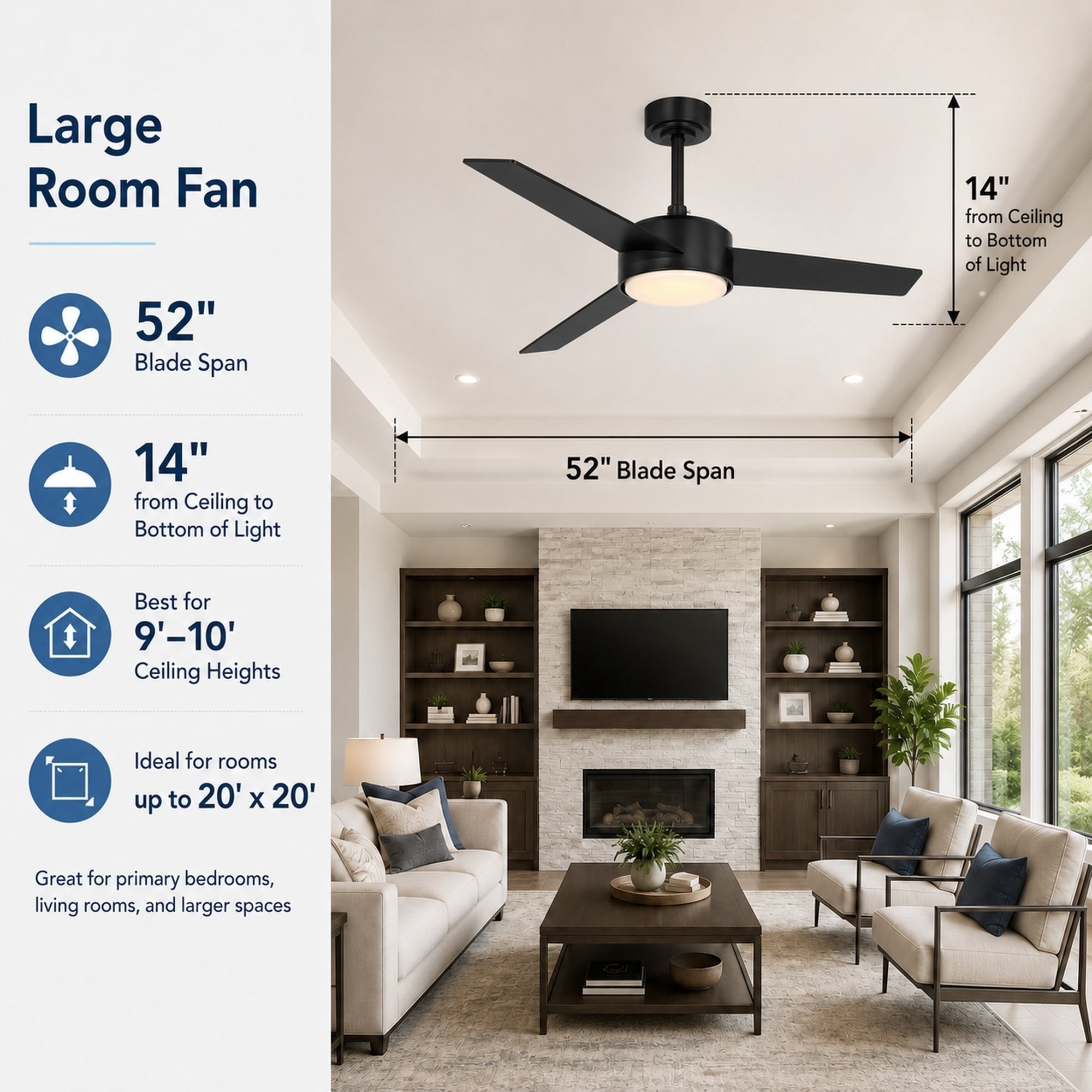 Mainstays 52-Inch Black Downrod DC Ceiling Fan with Integrated LED Light, Remote Control, 6 Speeds, and Fast-Install Blade System