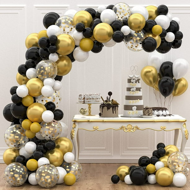 FlkwoH Kit de arco de globos de 125 piezas, globos de látex de confeti negro y dorado, globos de cumpleaños dorados, negros y blancos para bodas, jubilación, baby shower, Halloween, decoración de fiesta de cumpleaños