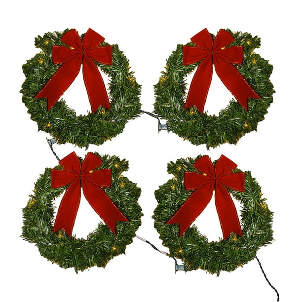 Window Lit Wreath Set 4 With Red Bows Greenery Plug In Indoor Outdoor Holiday Decoration Décor Lighting Green Com Window Lit Wreath Set 4 With, Light Up Wreaths Outdoors