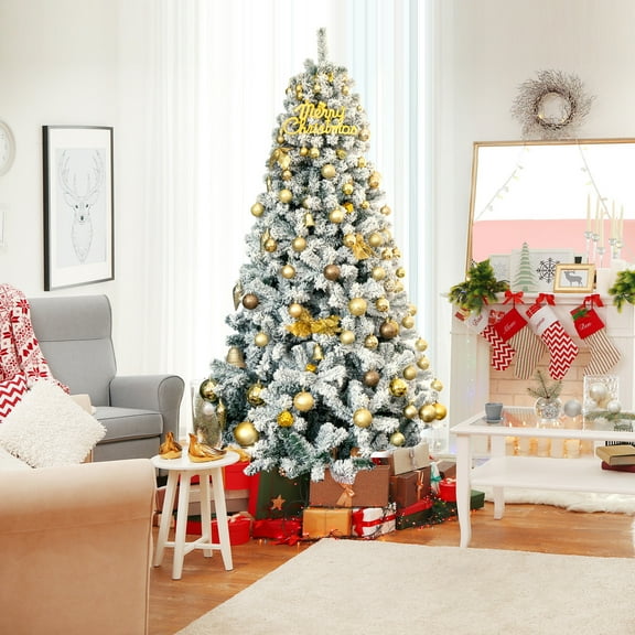 Gymax 7.5ft Snow Flocked Hinged Artificial Christmas Tree Unlit Holiday Decor