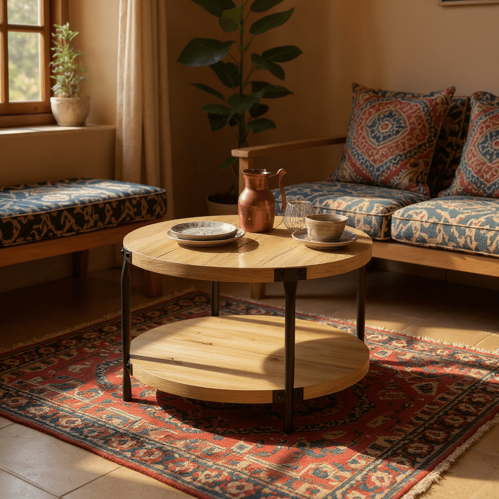 Homy Casa Round 2-Tier Coffee Table with Storage Shelf, Rustic Wood Finish, Black Iron Legs