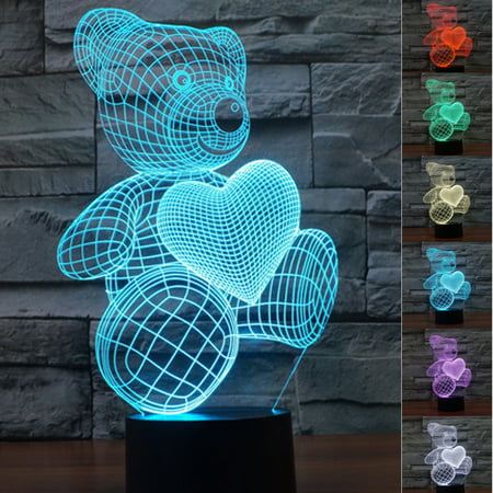 3D Table Night Light Acrylic Illusion Lamp 7 Colors Change LED USB Touch - Little Bear Love Heart For Girls Bedroom Christmas
