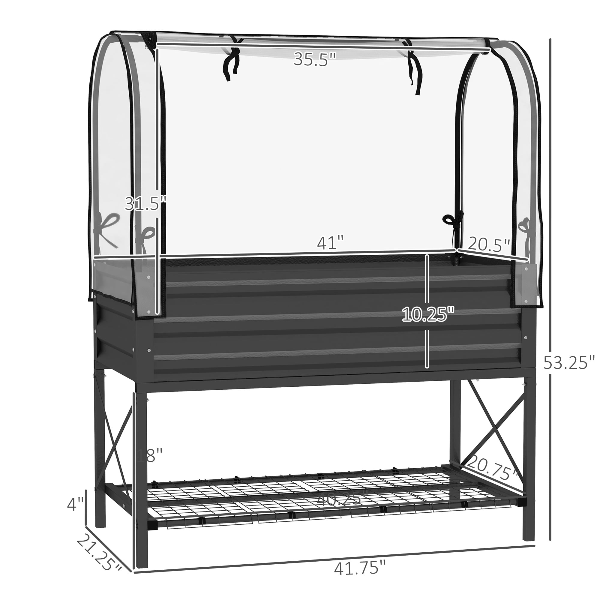 Outsunny Raised Garden Bed with Cover and Storage Shelf, Rectangular Metal Elevated Planter Box with Legs and Bed Liner, Black