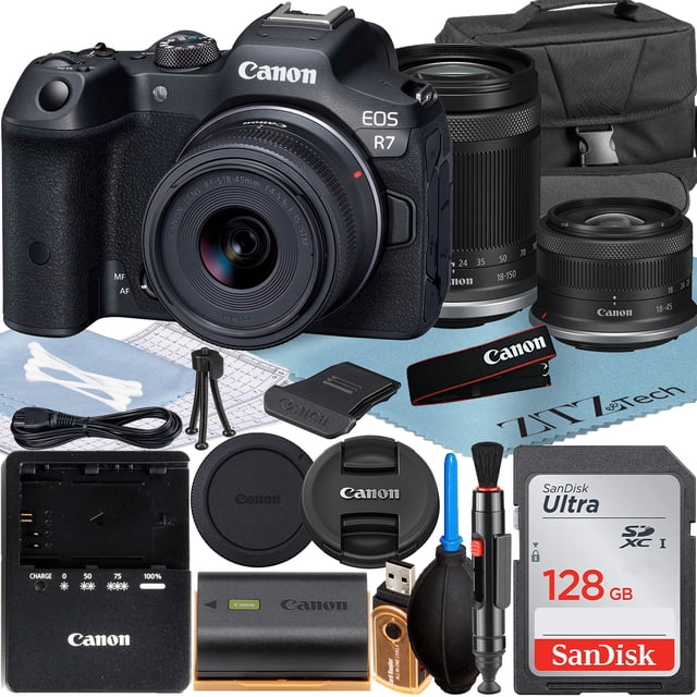 Cámara sin Espejo Canon EOS R7 con RF-S 18-45 Mm y Lente 18-150 Mm y Tarjeta de Memoria SanDisk de 128 Gb y Estuche y Paquete de Accesorios ZeeTech