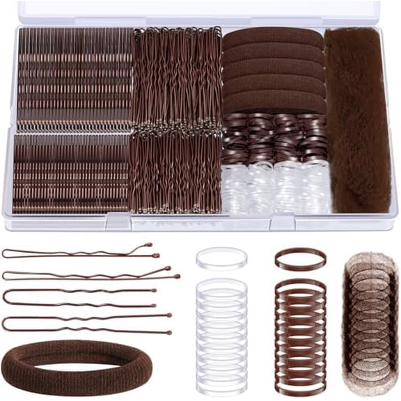 415 count Bobby Pins Hair Pins Set,  200 count U Shaped Pins & Elastic Hair Ties for Women with Hair Net, Brown