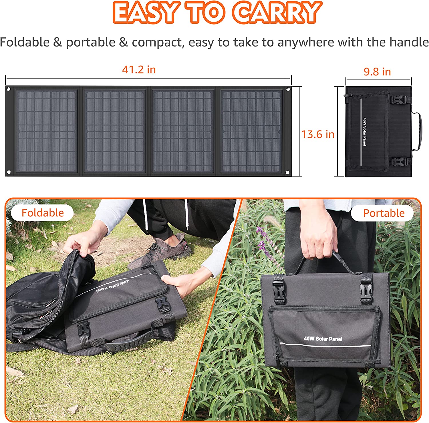 40W Portable Solar Panels, Foldable Solar Panel Charger for 100-300W Portable Power Station, with Adjustable Kickstands, DC 12-15V Output, USB 3.0 Port for Camping Van RV Trip