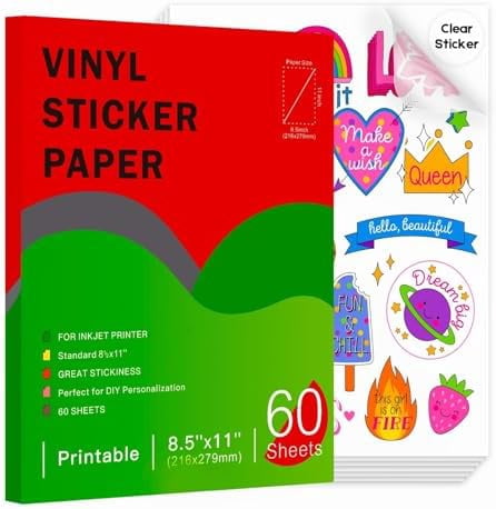60 Sheets Printable Clear Vinyl Sticker Paper for Inkjet Printers, Transparent Paper of 8.5x11"DIY Personalized Self-adhesive Paper That Is Tear Resistant, Waterproof Labels, Easy to Cut