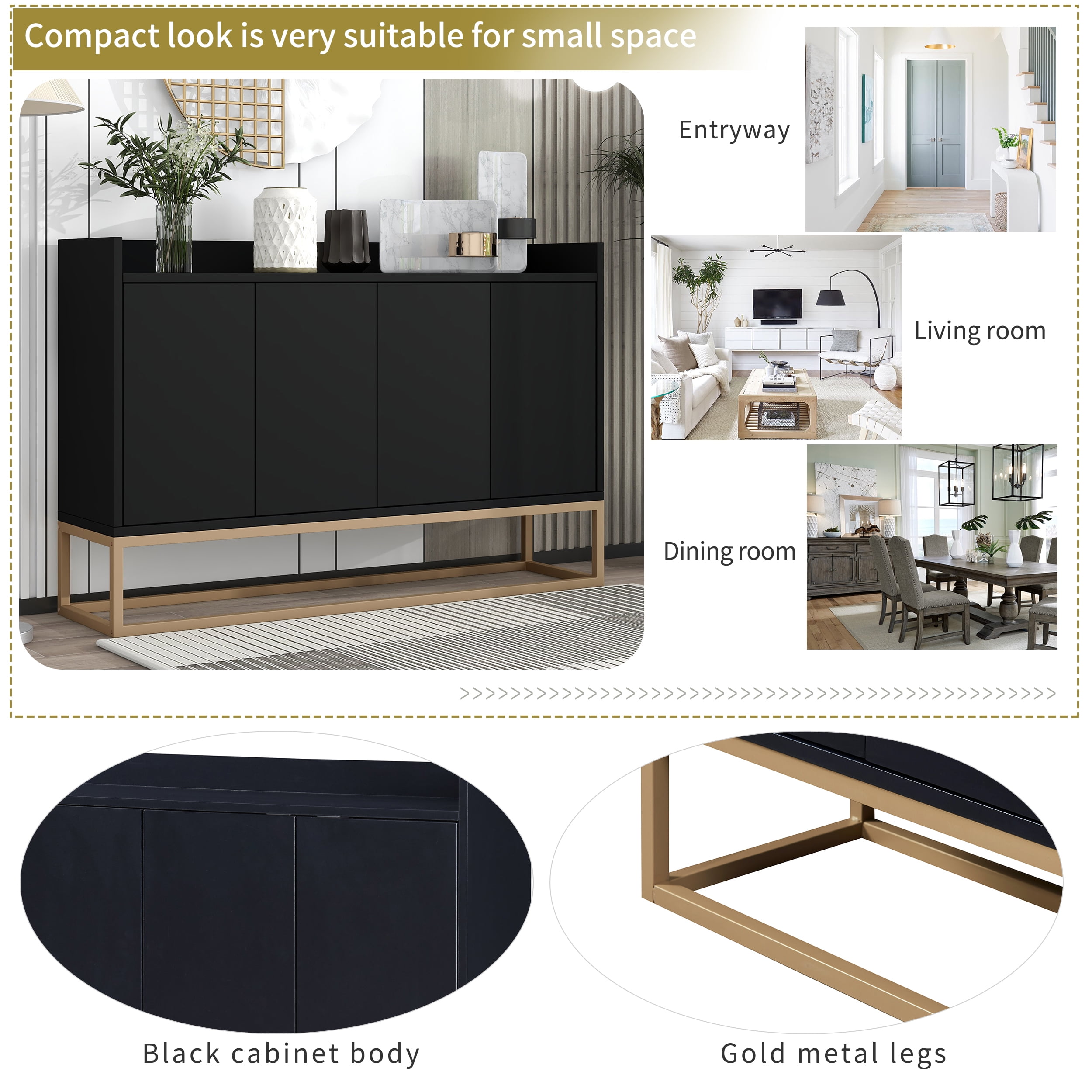 DEALTOPS Modern Sideboard with Large Storage Space and Rebound Device Doors for Dining Room - Black