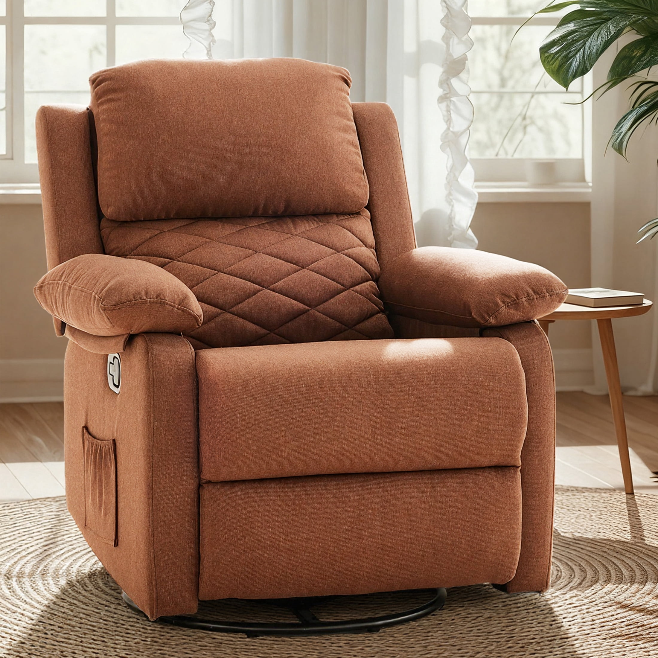YOUDENOVA 360° Swivel Rocker Recliner Chair for Small Spaces for Living Room,Upholstered Linen Fabric Glider Nursery Chair with Side Pockets,Brown